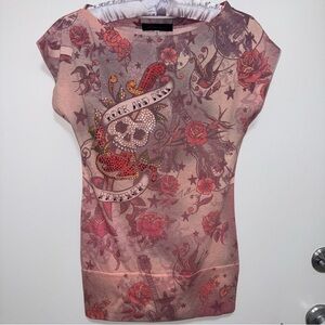 Y2K Edgy Skull Graphic Tee - Pink